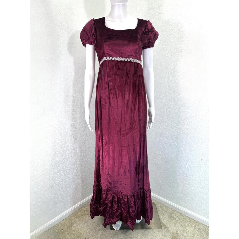 Vintage Sz Small Handmade Burgundy Velvet Empire Waist Victorian Gown Regency
